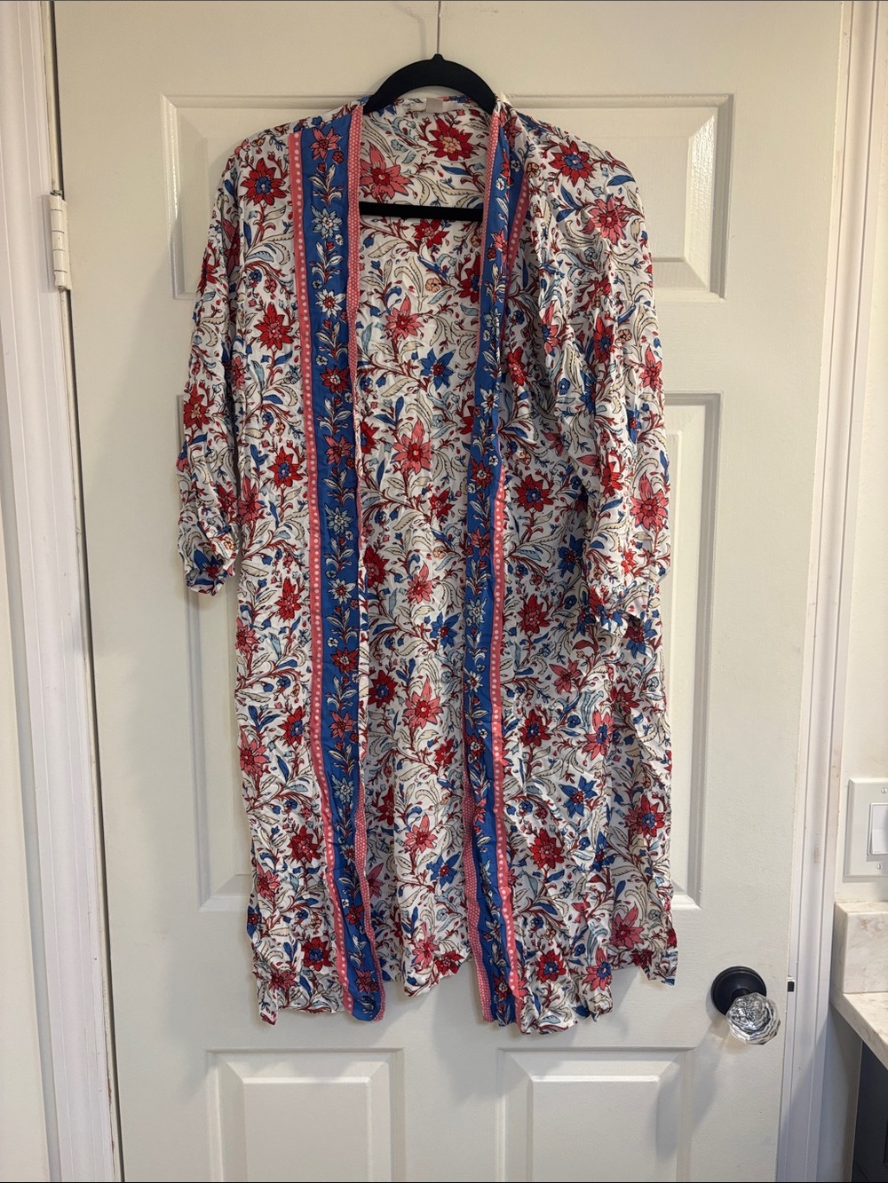 LOFT Red, Blue & White Floral Open-Front Kimono